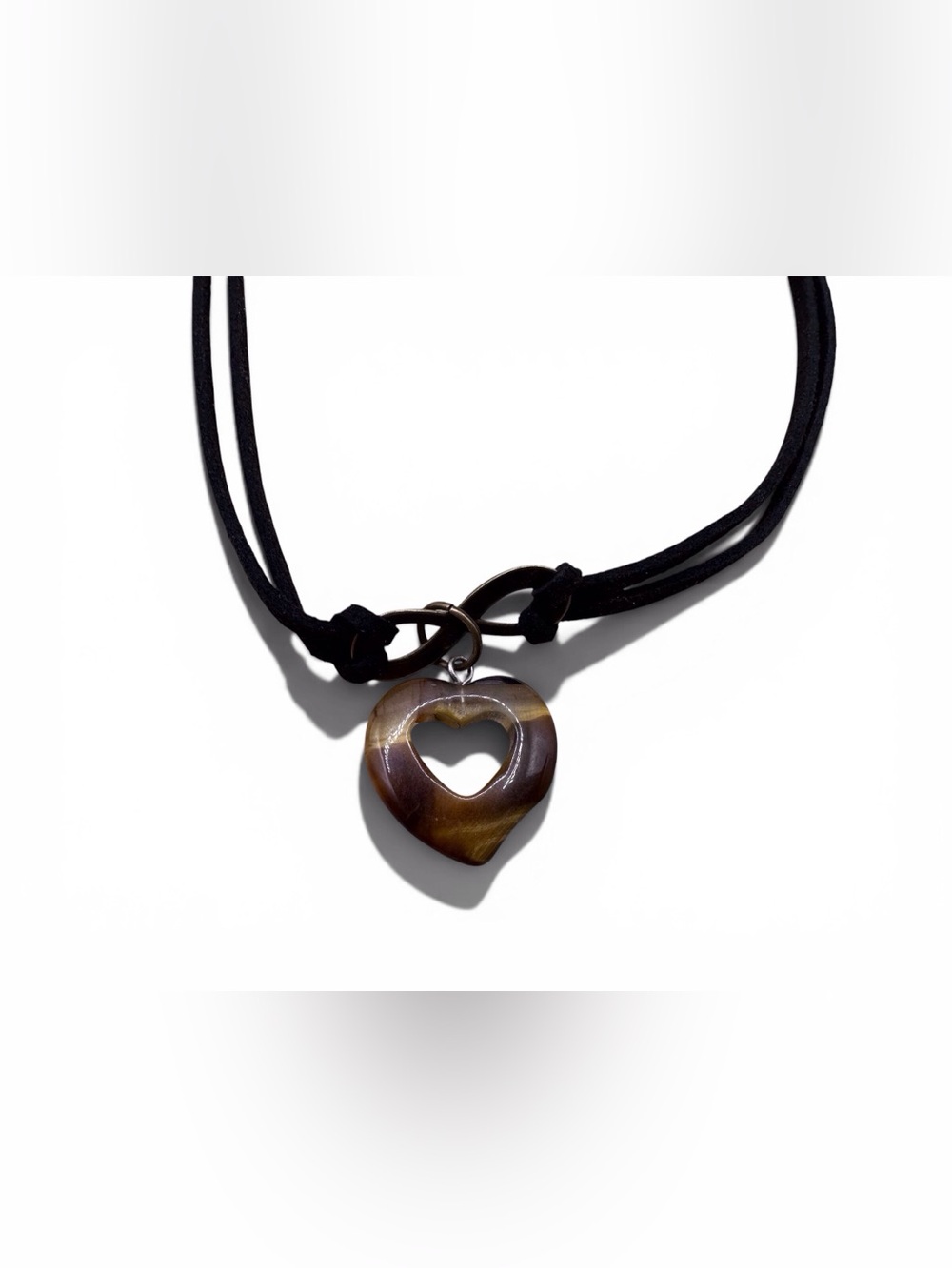 Heart Cutout Brown Stone Pendant Necklace on Black Suede Cord
